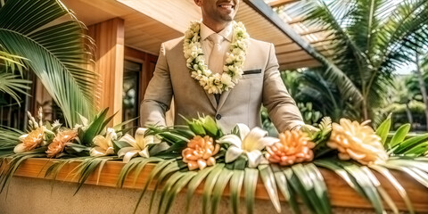Hotelier at the reception desk in a tropical hotel. 