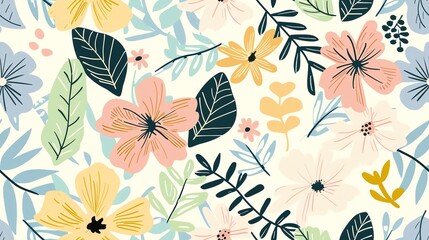 Seamless hand-drawn floral and leaf design in pastel colors