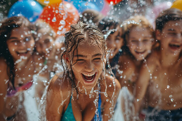Obraz premium Group of friends having a fun water fight, celebrating friendship day.