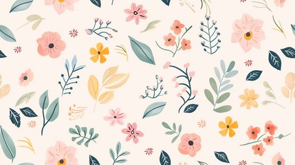 Seamless pastel floral and leaf pattern, hand-drawn style
