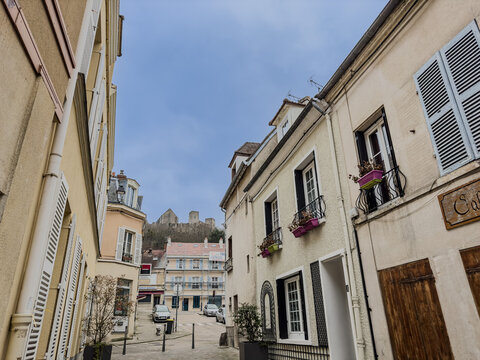 Chevreuse, FRANCE - January 28, 2023: Street view of Chevreuse in France