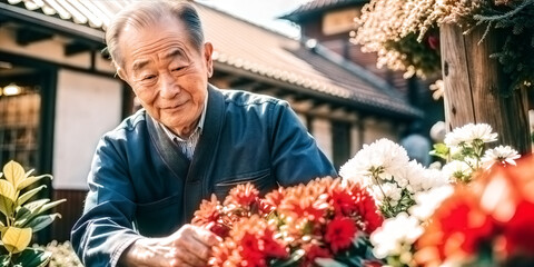 A Japanese elderly man tends flowers outside his home.