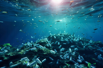 Fototapeta premium An underwater photograph showcasing the devastating impact of plastic pollution on marine life, with a large collection of plastic bottles and containers littering a seabed teeming with fish