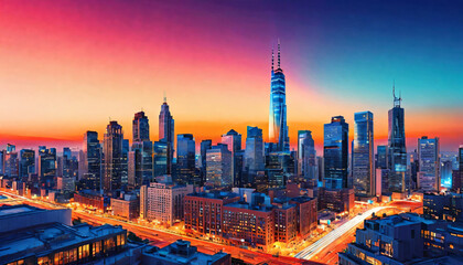 Elevate your urban-themed designs with our gradient cityscape image. Against a backdrop of skyscrapers and city lights, this 16:9 aspect ratio composition features a striking blend of urban colors, fr