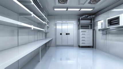 A sterile and modern industrial freezer room with white shelves, a large freezer door, and a stainless steel freezer unit