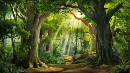 A dense, lush forest. Majestic trees stand tall, their branches adorned with vibrant green leaves