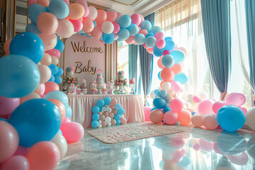 Pink And Blue Balloon Arch Decorates A Rustic Baby Shower