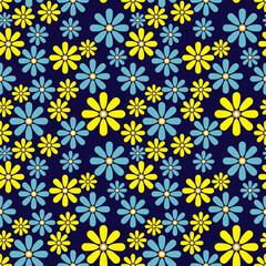 Cute Blue and Yellow flowers seamless pattern background and fabric 