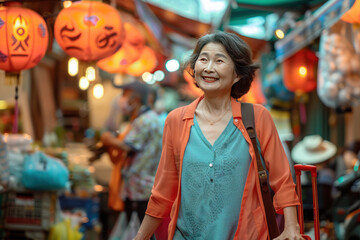 Fototapeta premium An elderly Asian woman in an orange coat and patterned scarf smiles while holding a suitcase. She stands in a bustling market with colorful clothing