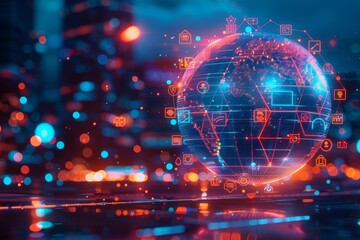 Fototapeta premium Creative glowing polygonal globe hologram with various digital icons overlaid on a blurred cityscape