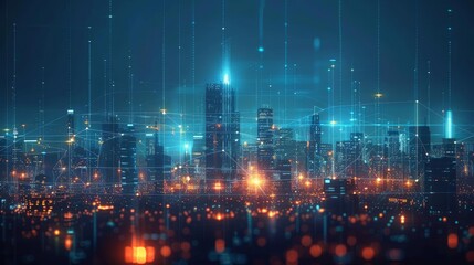 Futuristic urban skyline merging with glowing digital nodes and lines, high-definition realism, advanced technology, dynamic and vibrant, innovative cityscape
