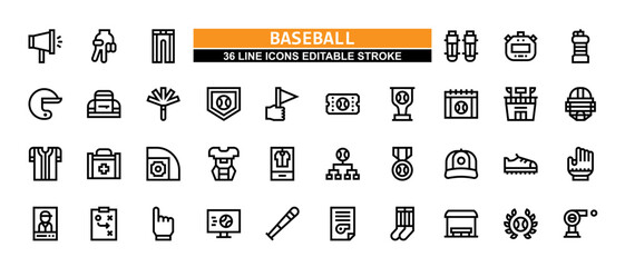 36 Baseball Line Icons Set Pack Editable Stroke Vector Illustration.