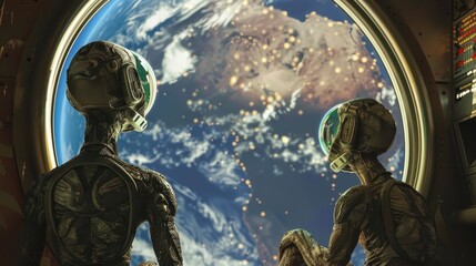 Obraz premium Two alien beings look through a porthole at the Earth from space.