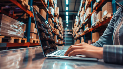 A warehouse worker diligently types on a laptop, surrounded by towering shelves stocked with boxes