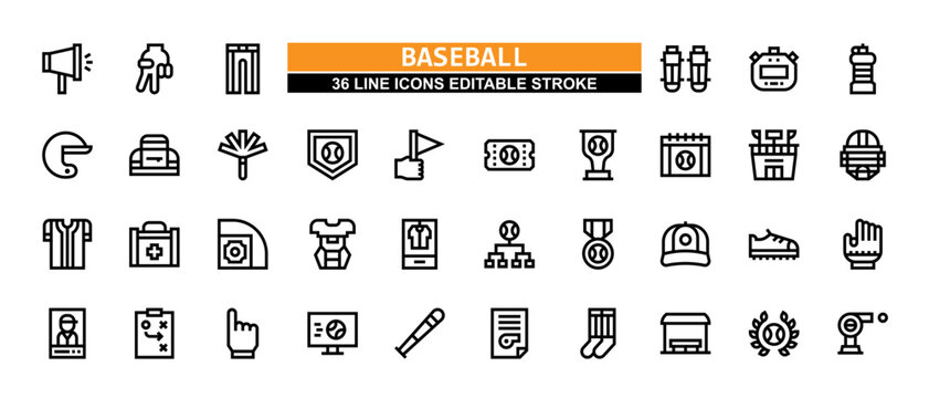 36 Baseball Line Icons Set Pack Editable Stroke Vector Illustration.