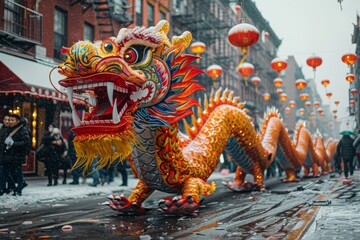 Fototapeta premium Traditional Dragon Dance Performance in a Chinese City Street