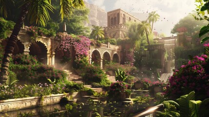 Lush terraced gardens cascade down towering structures in ancient Babylon, a vibrant oasis adorned with blooming flowers and cascading waterfalls.