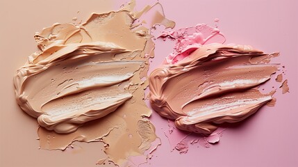 Close Up of Two Swirled Foundation Samples on a Pink Background
