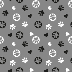 Pet paw seamless pattern. Vector illustration with paw and hearts on grey background. Decorative print for wallpapers, wrapping, cards, patterns for clothes and other.