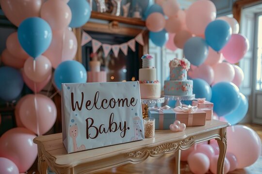 Pink And Blue Balloon Arch Decorates A Rustic Baby Shower