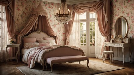 A luxurious vintage bedroom with ornate furniture, floral wallpaper, and elegant drapery. The room features a large bed with a tufted headboard, a chandelier, and a dresser with a mirror.