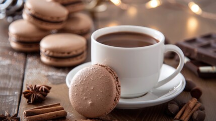 Macarons accompanied by a cup of hot chocolate placed on a wooden table