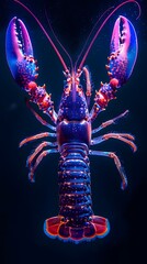 Neon Lobster Underwater With Bright Red and Blue Light Outline on Black Background