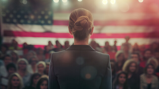 Woman presidential candidate on at the meeting with people; USA election concept