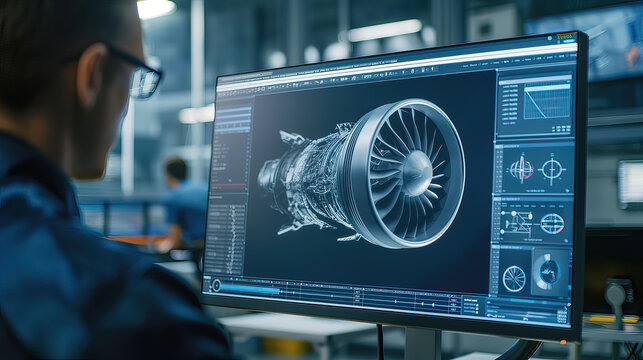 Close Up of a Desktop Computer Monitor Screen with 3D CAD Software with Prototype Jet Engine Project. Specialist Discussing Work, His Hand Visible In Front of the Screen
