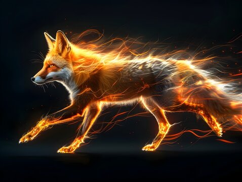Radiant Neon Fox in Mid Pounce Shimmering with Fiery Luminescence on Dark Background