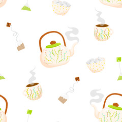 Tea set vector seamless pattern. Types of tea. Tea ceremony background, wallpaper, print, textile, fabric, wrapping paper, packaging design