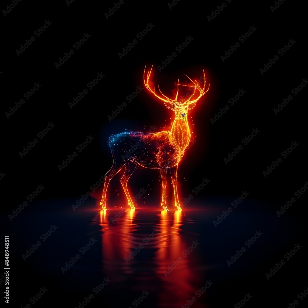 Poster Glowing Neon Deer with Vibrant Antlers on Dramatic Black Background