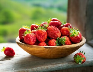 a handcrafted ceramic bowl filled with vibrant, freshly picked strawberry