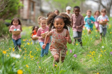 Fototapeta premium Happy Child Running During Easter Egg Hunt in Green Grass