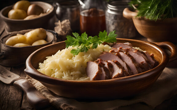 Estonian mulgikapsad, pork with sauerkraut, potatoes, hearty bowl