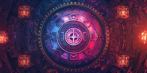 Obraz premium A circular, mystical design inspired by the I Ching, with ancient Chinese symbols and hexagrams. The center features the Taiji (Yin-Yang) symbol, surrounded by an intricate pattern of trigrams.