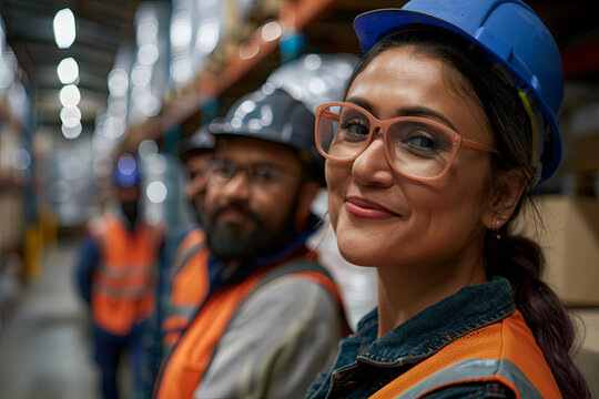 Multicultural team of workers and a female supervisor in a storage facility