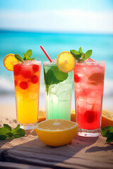 Fototapeta premium Cold fancy colored summer drinks with lemon slice, mint and cherries on a beach side table,Cold refreshment drinks with blurry beach scenery background