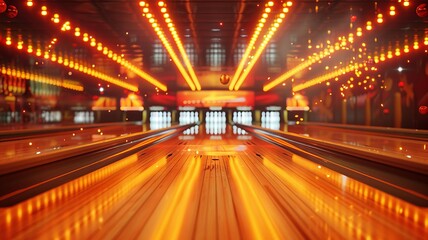 Vibrant Bowling Alley with Neon Lights and Shiny Lanes