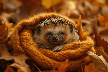 Obraz premium Baby Hedgehog: A tiny baby hedgehog with soft quills, curled up into a ball on a bed of fallen leaves. 