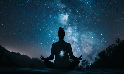 A silhouette of an individual meditating with the universe in background