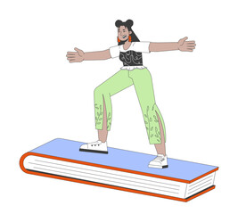 Fototapeta premium Latin american woman surfing book 2D linear cartoon character. Hispanic female reading lover isolated line vector person white background. Hobby and leisure color flat spot illustration