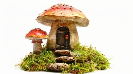 fairy house nestled in a mushroom on white background. tale story concept