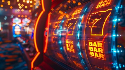 Fototapeta premium Vivid Slot Machine in a Neon-Lit Casino with Jackpot Symbols and Bar Signs