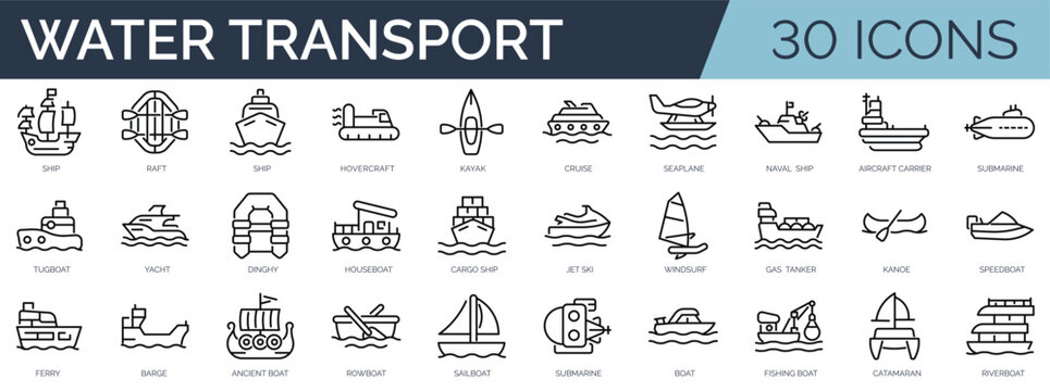 Set of 30 outline icons related to water transport. Linear icon collection. Editable stroke. Vector illustration