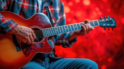 Obraz premium Man playing an acoustic guitar. Close-up of hands strumming the guitar with a red background. Concept of music and passion.