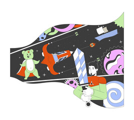 Caucasian man dreaming about space adventures 2D linear cartoon character. European male fighting cosmic bear isolated line vector person white background. Imagination color flat spot illustration