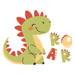 Vector children's illustration. Cute Terranosaurus and the inscription ROAR. Print for children's products . Vector illustration