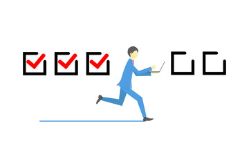 ノートパソコンを持って走るビジネスマンとチェックマーク