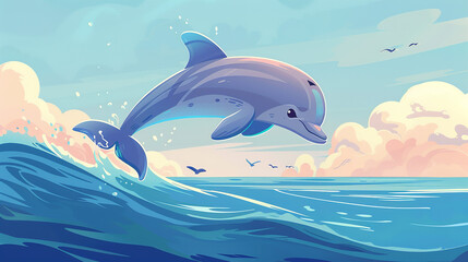 Naklejka premium In a cheerful illustration, a cartoon dolphin joyfully leaps out of the water, its playful expression capturing attention